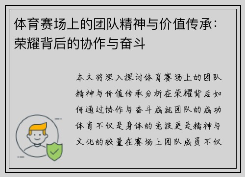 体育赛场上的团队精神与价值传承：荣耀背后的协作与奋斗