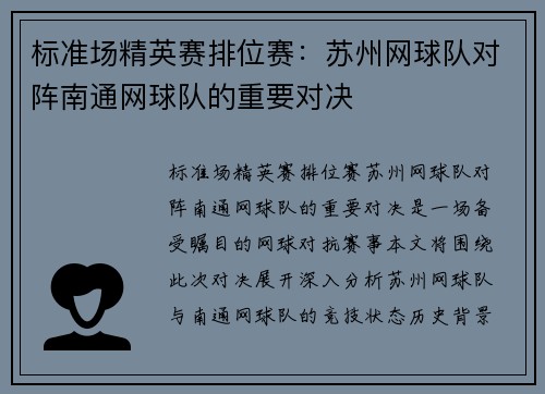 标准场精英赛排位赛：苏州网球队对阵南通网球队的重要对决